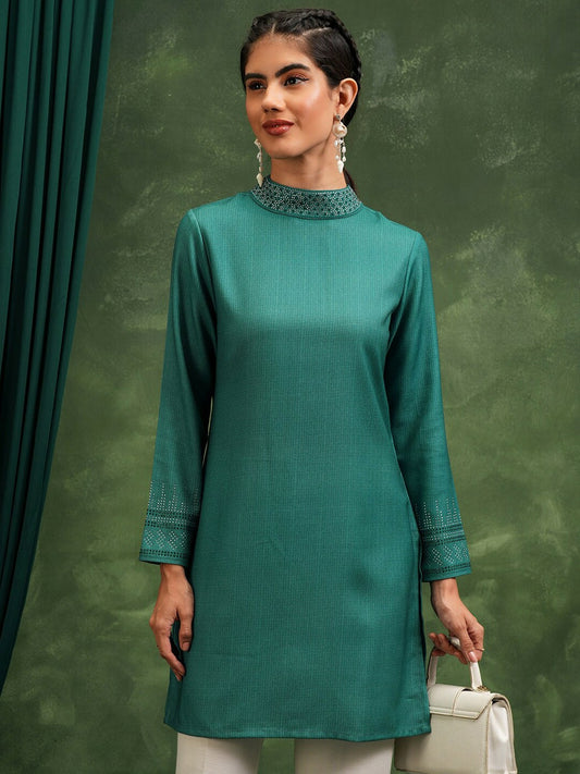 Green Self Design High Neck Tunic for Women – Long Sleeves, Elegant & Stylish | Indiaista