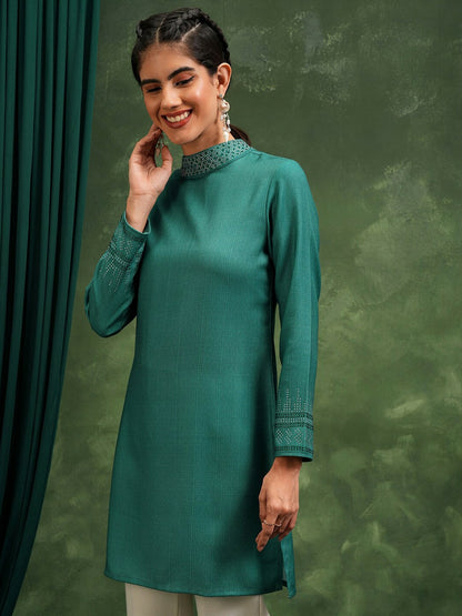 Green Self Design High Neck Tunic for Women – Long Sleeves, Elegant & Stylish | Indiaista