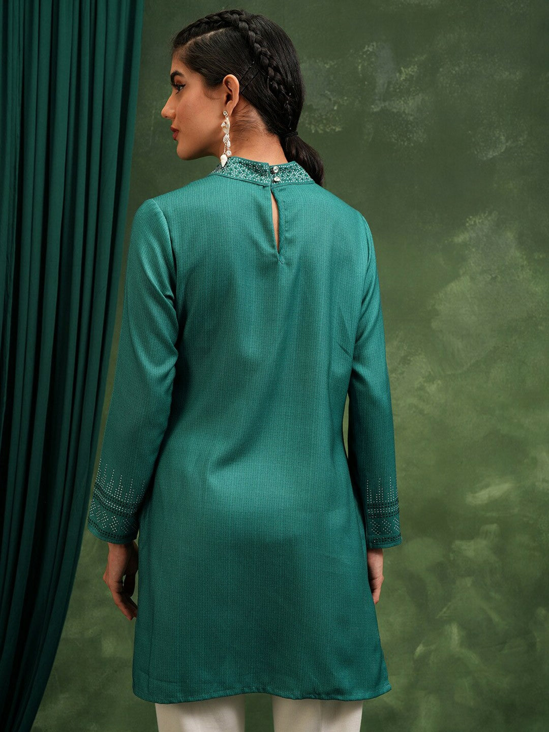 Green Self Design High Neck Tunic for Women – Long Sleeves, Elegant & Stylish | Indiaista