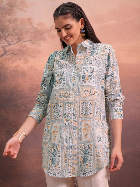 Off-White & Green Ethnic Motif Printed Tunic for Women – Shirt Collar, Long Sleeves | Indiaista