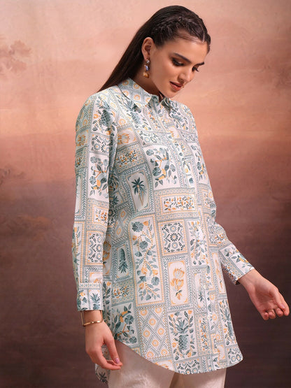 Off-White & Green Ethnic Motif Printed Tunic for Women – Shirt Collar, Long Sleeves | Indiaista