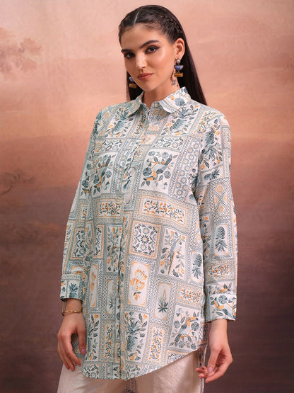 Off-White & Green Ethnic Motif Printed Tunic for Women – Shirt Collar, Long Sleeves | Indiaista