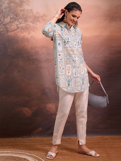 Off-White & Green Ethnic Motif Printed Tunic for Women – Shirt Collar, Long Sleeves | Indiaista