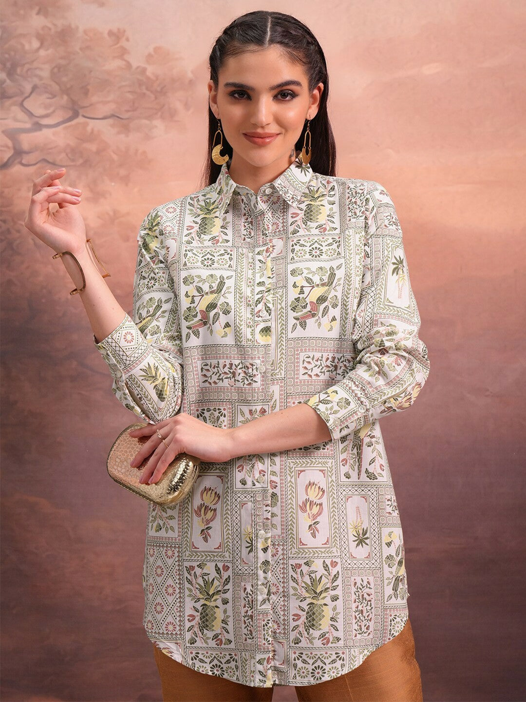 Off-White & Brown Ethnic Motif Printed Tunic for Women – Shirt Collar, Long Sleeves | Indiaista