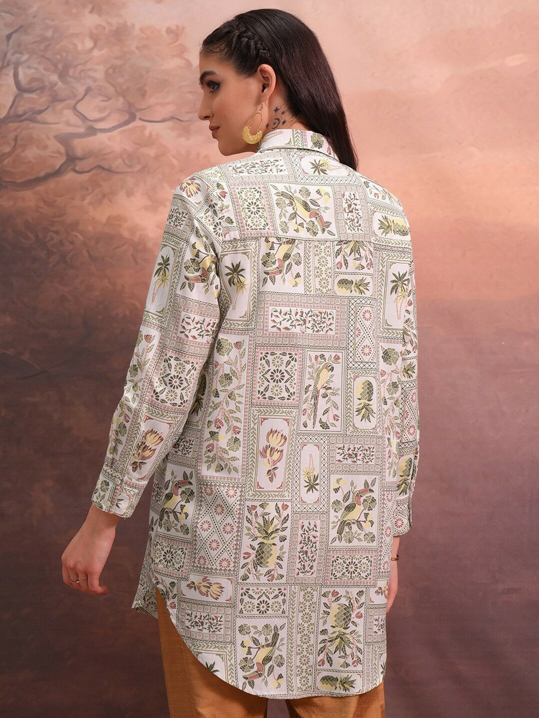 Off-White & Brown Ethnic Motif Printed Tunic for Women – Shirt Collar, Long Sleeves | Indiaista