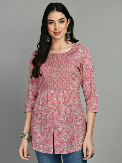 Pink Floral Printed Cotton Tunic for Women – Ethnic Casual Wear | Indiaista