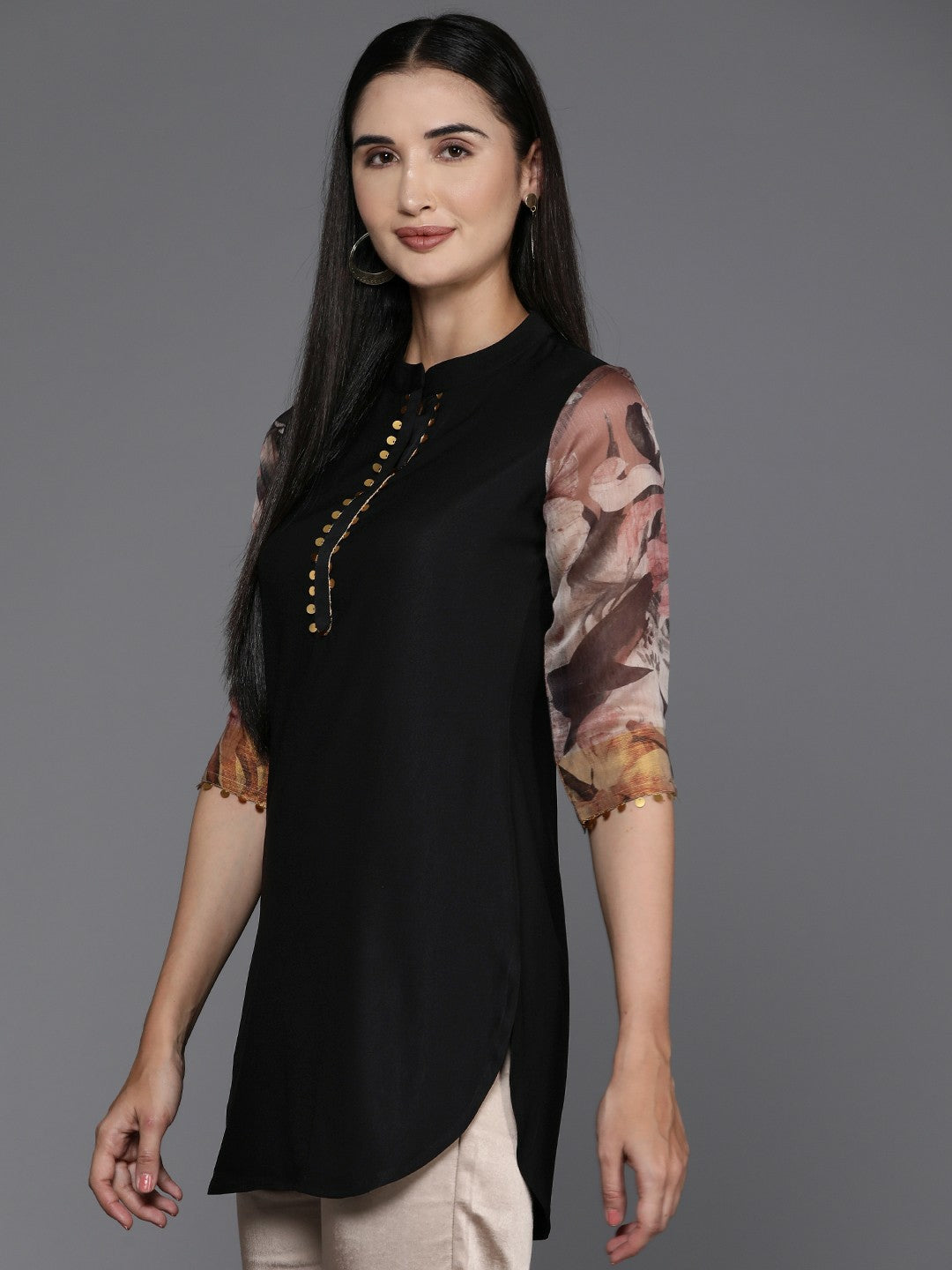 Black & Brown Printed Tunic for Women – Sequinned Detail, Mandarin Collar | Indiaista