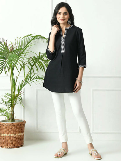 Black Cotton A-Line Tunic for Women – Mandarin Collar, Thread Work, 3/4 Sleeves | Indiaista