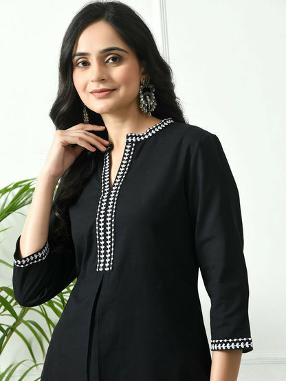 Black Cotton A-Line Tunic for Women – Mandarin Collar, Thread Work, 3/4 Sleeves | Indiaista