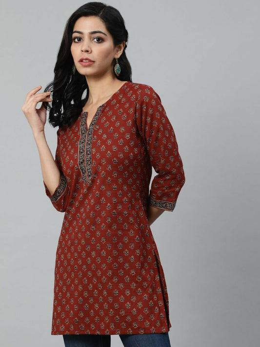 Women’s Maroon Printed Tunic – Stylish Three-Quarter Sleeve Ethnic Top | Indiaista