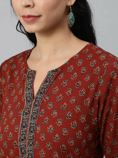 Women’s Maroon Printed Tunic – Stylish Three-Quarter Sleeve Ethnic Top | Indiaista