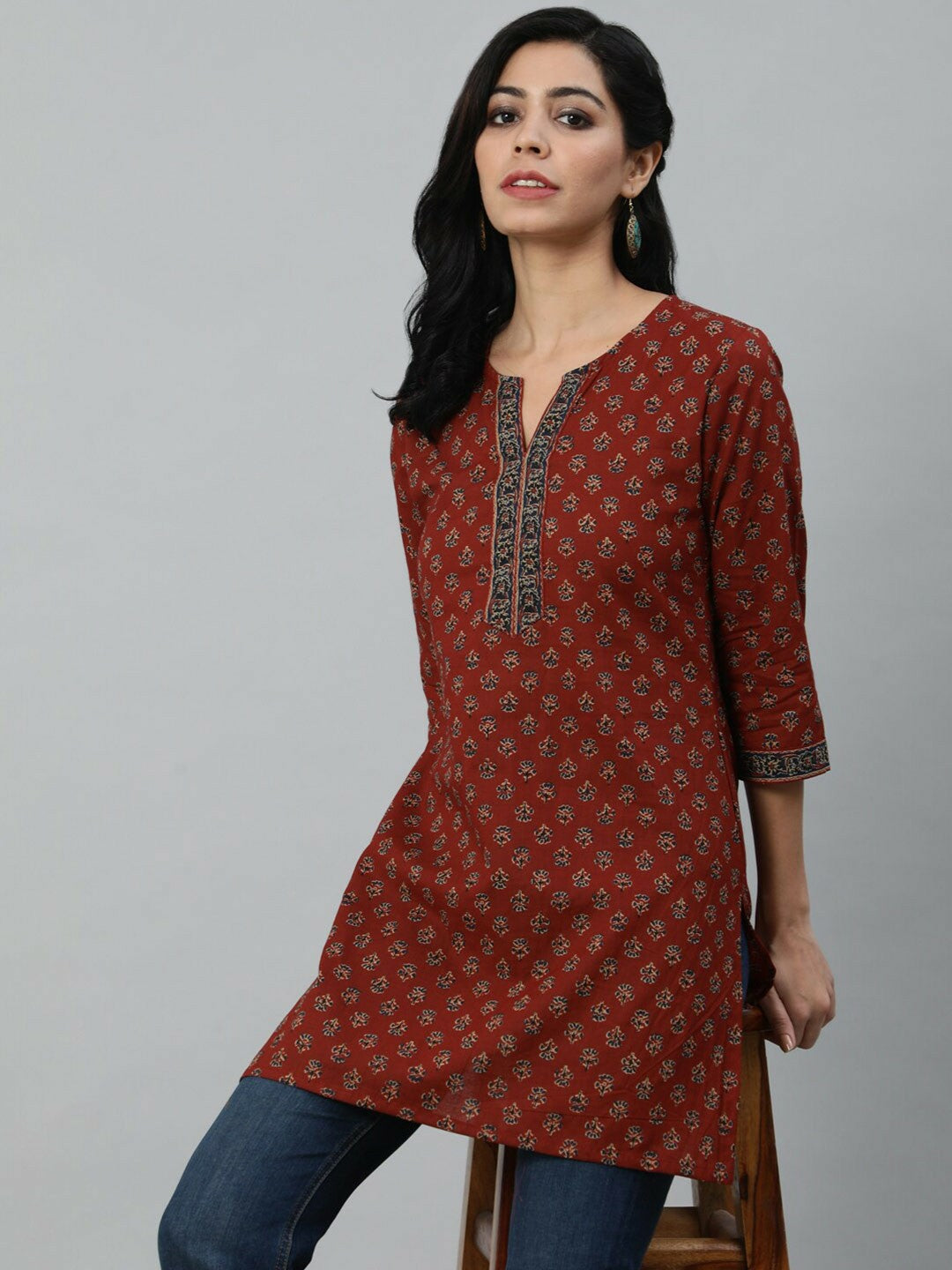 Women’s Maroon Printed Tunic – Stylish Three-Quarter Sleeve Ethnic Top | Indiaista