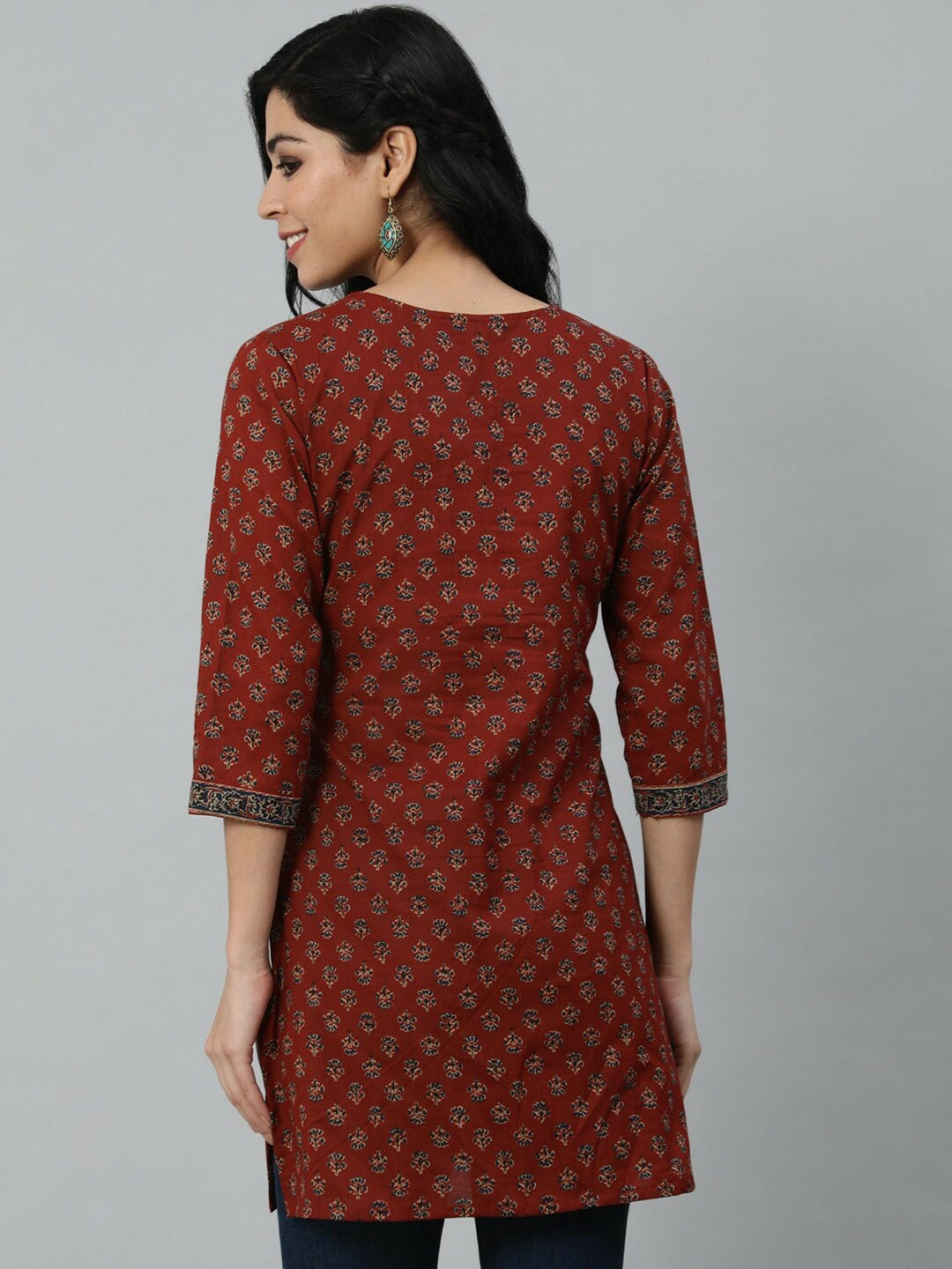 Women’s Maroon Printed Tunic – Stylish Three-Quarter Sleeve Ethnic Top | Indiaista