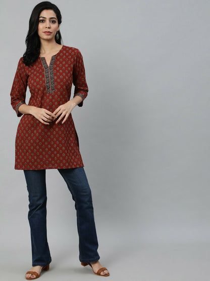 Women’s Maroon Printed Tunic – Stylish Three-Quarter Sleeve Ethnic Top | Indiaista