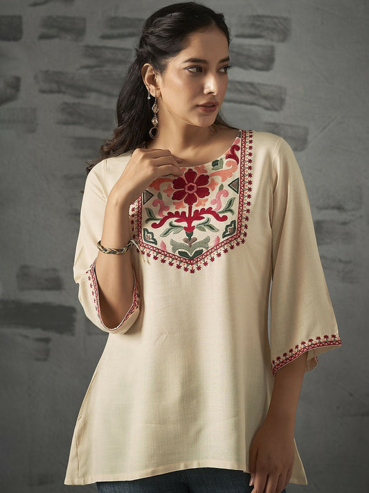 Beige Floral Embroidered A-Line Tunic for Women – Soft Liva Fabric, Round Neck | Indiaista