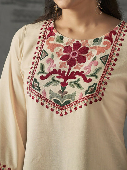 Beige Floral Embroidered A-Line Tunic for Women – Soft Liva Fabric, Round Neck | Indiaista