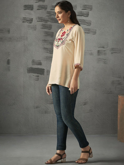 Beige Floral Embroidered A-Line Tunic for Women – Soft Liva Fabric, Round Neck | Indiaista