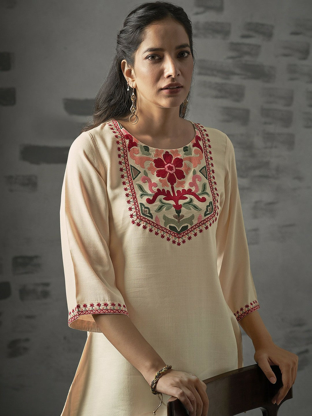 Beige Floral Embroidered A-Line Tunic for Women – Soft Liva Fabric, Round Neck | Indiaista