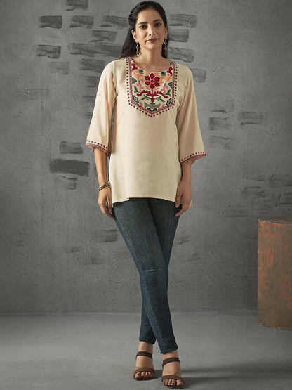 Beige Floral Embroidered A-Line Tunic for Women – Soft Liva Fabric, Round Neck | Indiaista