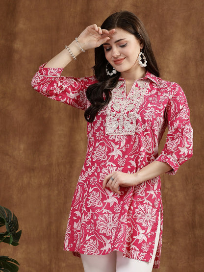 Fuchsia & White Floral Printed Cotton Tunic for Women – Embroidered, Shirt Collar, 3/4 Sleeves | Indiaista