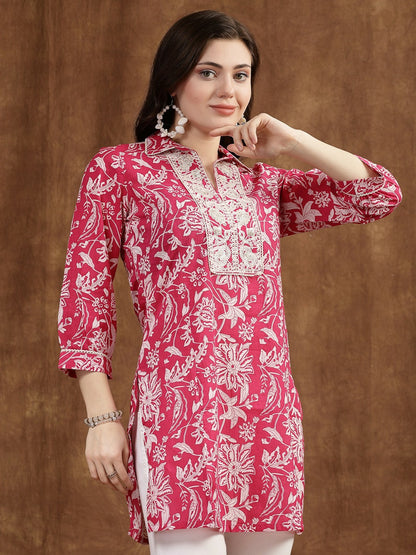 Fuchsia & White Floral Printed Cotton Tunic for Women – Embroidered, Shirt Collar, 3/4 Sleeves | Indiaista