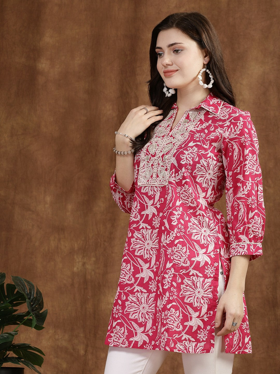 Fuchsia & White Floral Printed Cotton Tunic for Women – Embroidered, Shirt Collar, 3/4 Sleeves | Indiaista