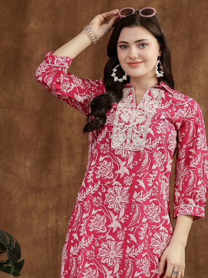 Fuchsia & White Floral Printed Cotton Tunic for Women – Embroidered, Shirt Collar, 3/4 Sleeves | Indiaista