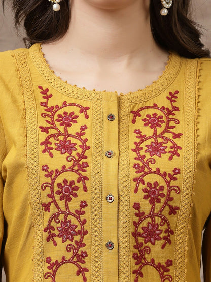 Mustard Embroidered Cotton Tunic for Women – Round Neck, 3/4 Sleeves, Casual & Ethnic Wear | Indiaista