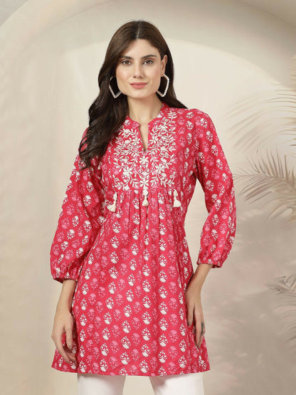 Pink & White Bohemian Printed Tunic for Women – Mandarin Collar, Embroidered Detail | Indiaista