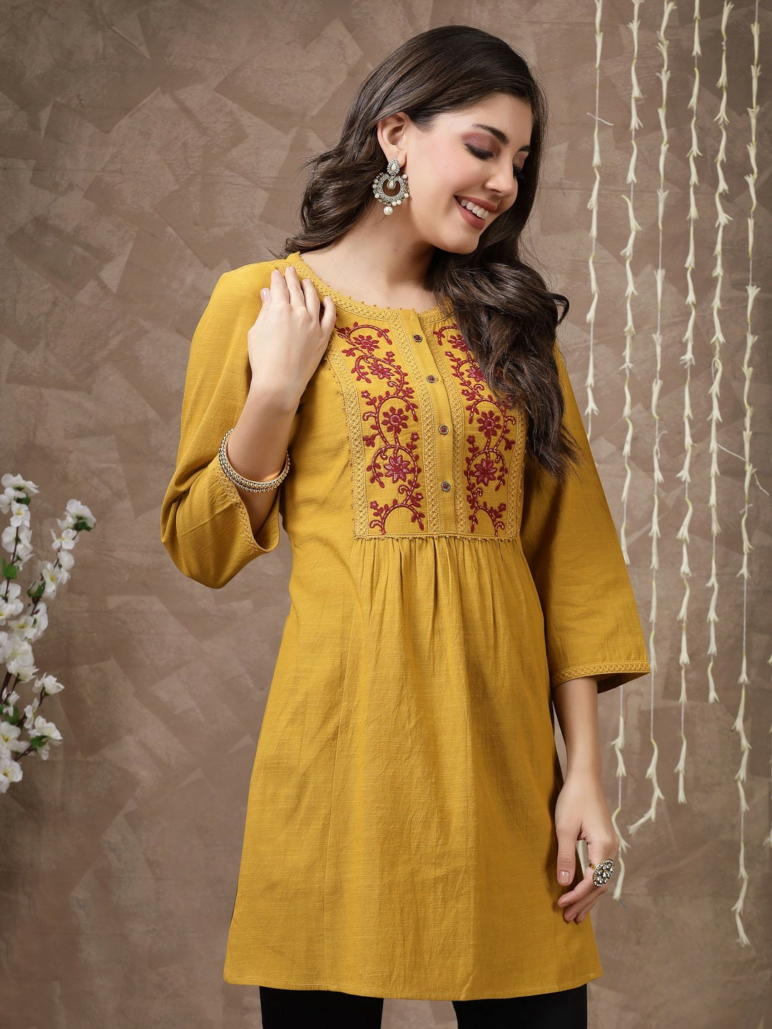 Mustard Embroidered Cotton Tunic for Women – Round Neck, 3/4 Sleeves, Casual & Ethnic Wear | Indiaista