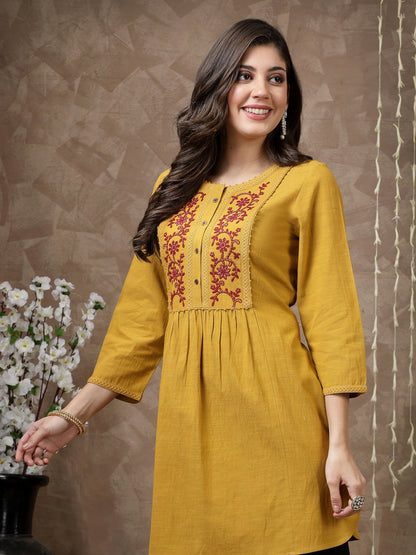 Mustard Embroidered Cotton Tunic for Women – Round Neck, 3/4 Sleeves, Casual & Ethnic Wear | Indiaista