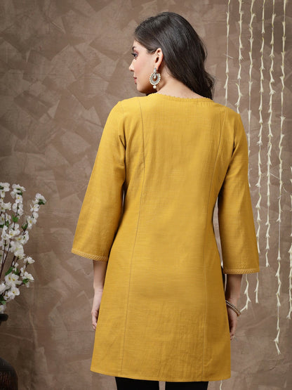 Mustard Embroidered Cotton Tunic for Women – Round Neck, 3/4 Sleeves, Casual & Ethnic Wear | Indiaista