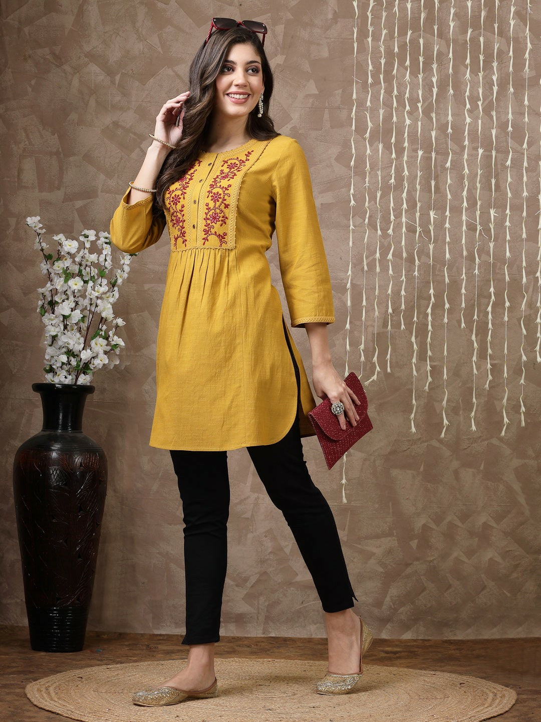 Mustard Embroidered Cotton Tunic for Women – Round Neck, 3/4 Sleeves, Casual & Ethnic Wear | Indiaista