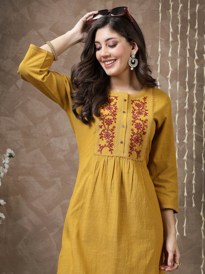 Mustard Embroidered Cotton Tunic for Women – Round Neck, 3/4 Sleeves, Casual & Ethnic Wear | Indiaista