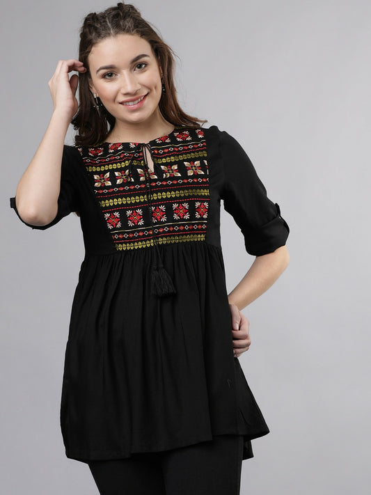 Women’s Black Solid Tunic – Embroidered Detail, Tie-Up Neck & Roll-Up Sleeves | Indiaista