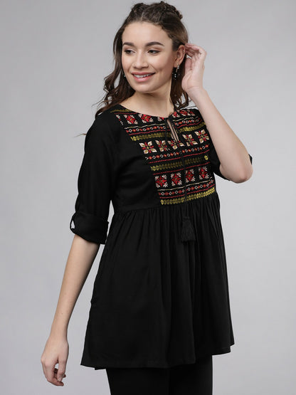 Women’s Black Solid Tunic – Embroidered Detail, Tie-Up Neck & Roll-Up Sleeves | Indiaista