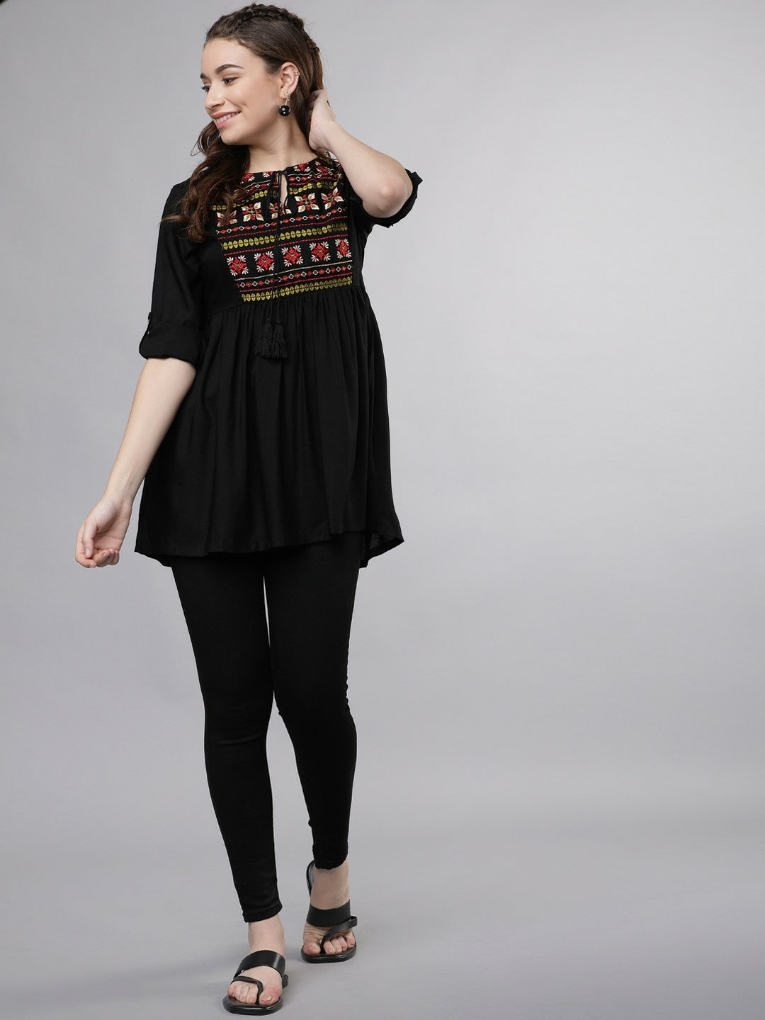 Women’s Black Solid Tunic – Embroidered Detail, Tie-Up Neck & Roll-Up Sleeves | Indiaista