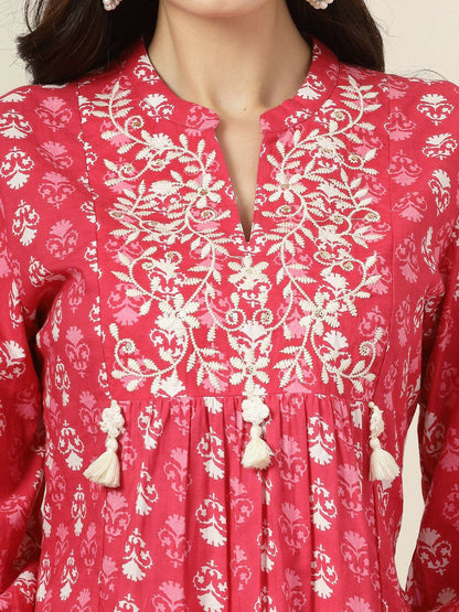 Pink & White Bohemian Printed Tunic for Women – Mandarin Collar, Embroidered Detail | Indiaista