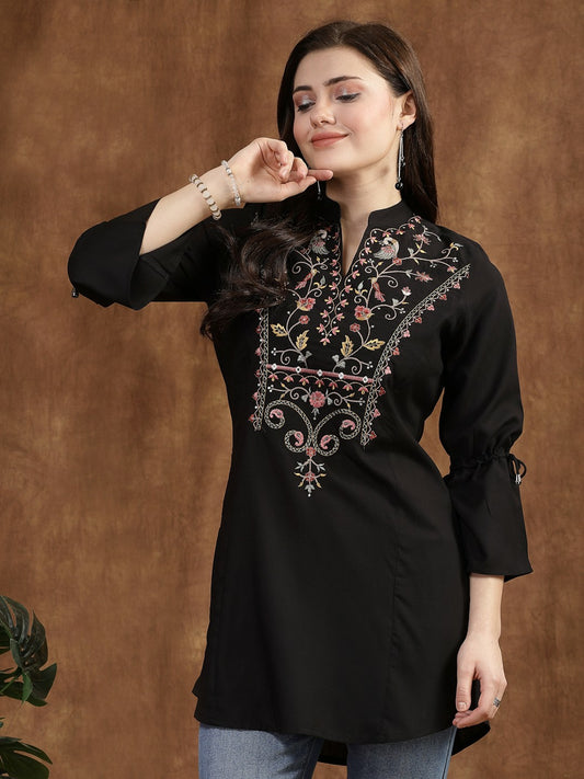 Black Embroidered Tunic for Women – Mandarin Collar, 3/4 Sleeves, Viscose Rayon | Indiaista