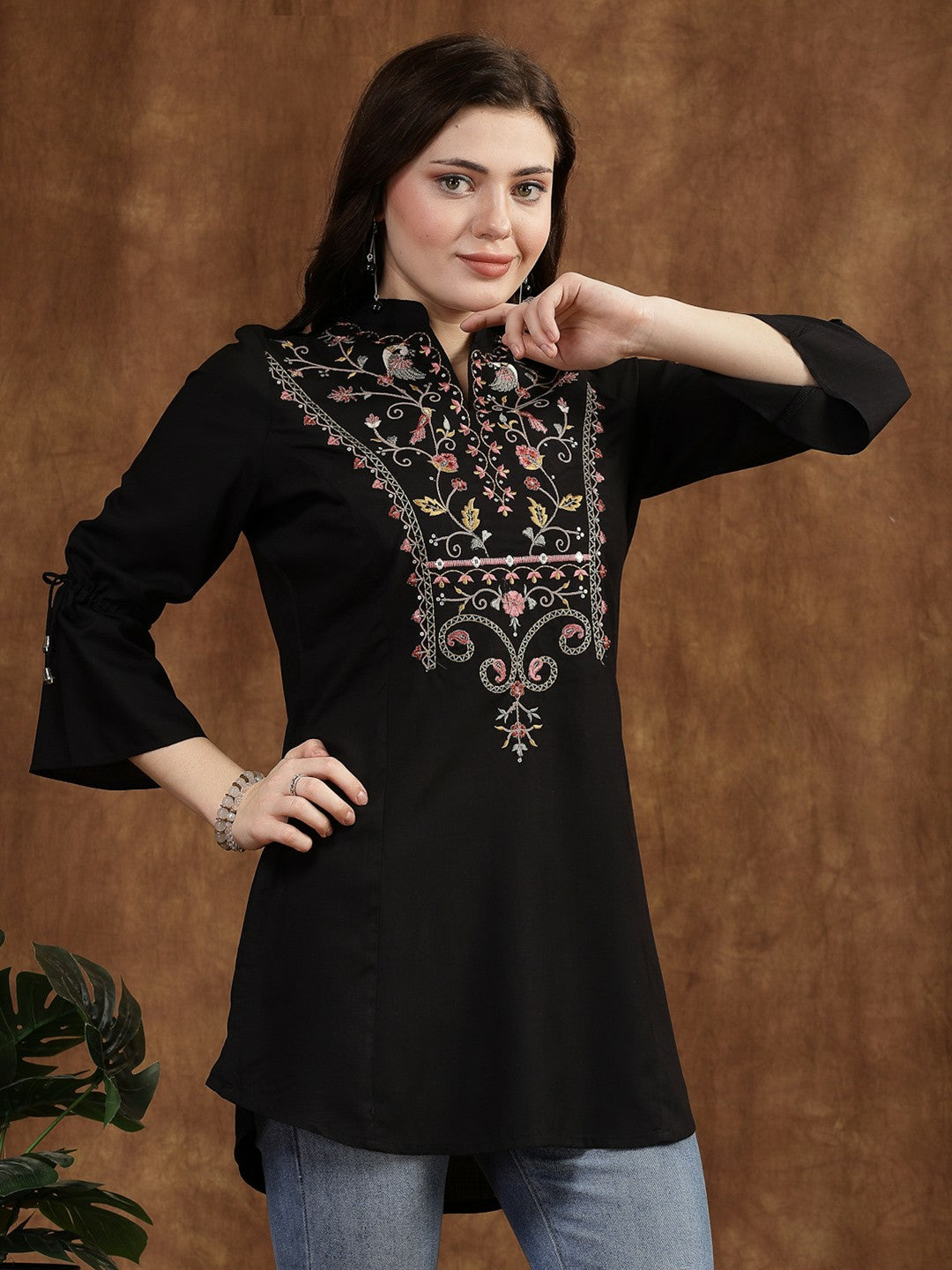 Black Embroidered Tunic for Women – Mandarin Collar, 3/4 Sleeves, Viscose Rayon | Indiaista