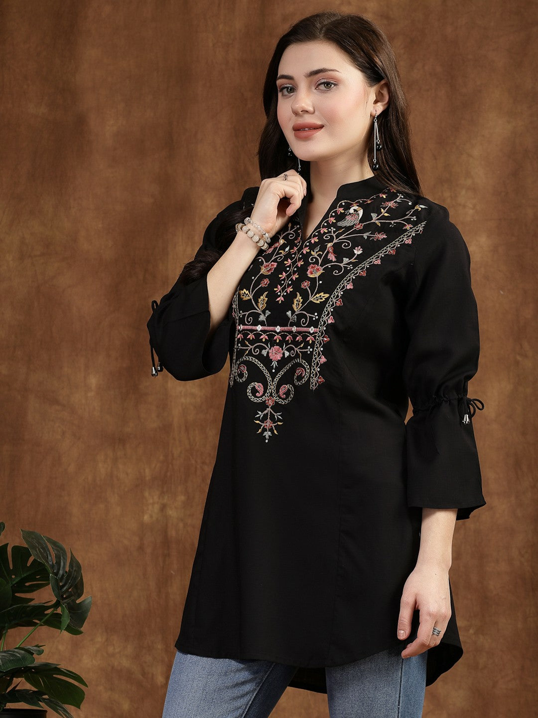 Black Embroidered Tunic for Women – Mandarin Collar, 3/4 Sleeves, Viscose Rayon | Indiaista