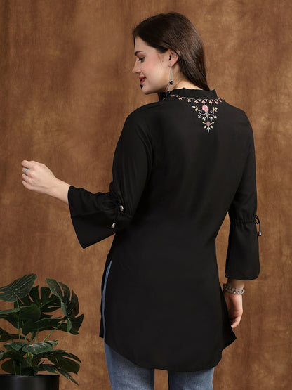 Black Embroidered Tunic for Women – Mandarin Collar, 3/4 Sleeves, Viscose Rayon | Indiaista