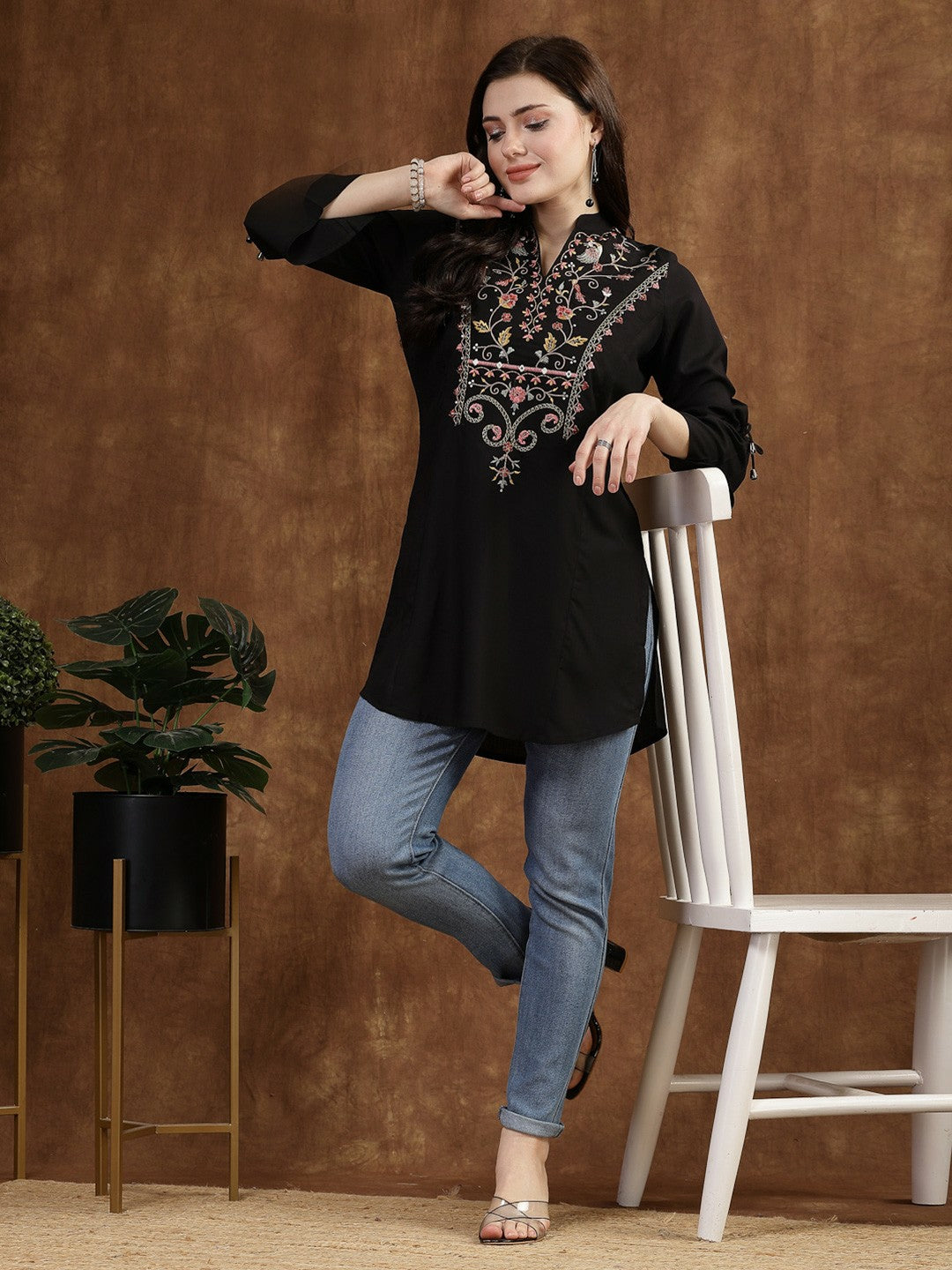 Black Embroidered Tunic for Women – Mandarin Collar, 3/4 Sleeves, Viscose Rayon | Indiaista