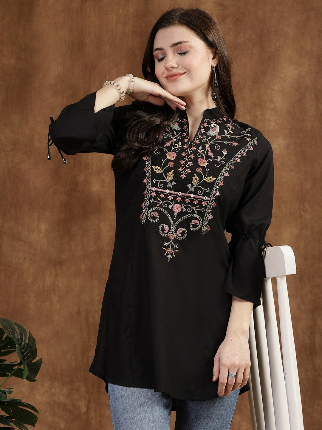 Black Embroidered Tunic for Women – Mandarin Collar, 3/4 Sleeves, Viscose Rayon | Indiaista