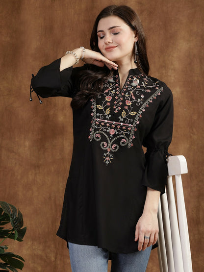 Black Embroidered Tunic for Women – Mandarin Collar, 3/4 Sleeves, Viscose Rayon | Indiaista