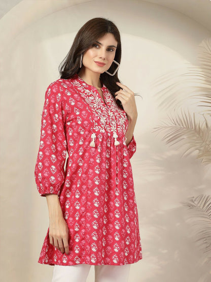 Pink & White Bohemian Printed Tunic for Women – Mandarin Collar, Embroidered Detail | Indiaista