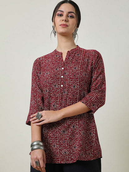 Maroon & White Printed Tunic for Women – Mandarin Collar, 3/4 Sleeves | Indiaista