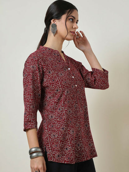 Maroon & White Printed Tunic for Women – Mandarin Collar, 3/4 Sleeves | Indiaista