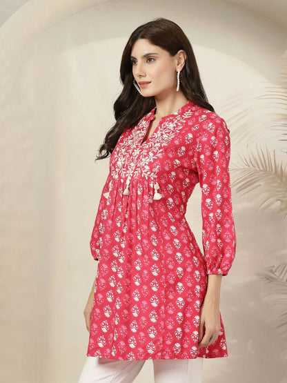 Pink & White Bohemian Printed Tunic for Women – Mandarin Collar, Embroidered Detail | Indiaista