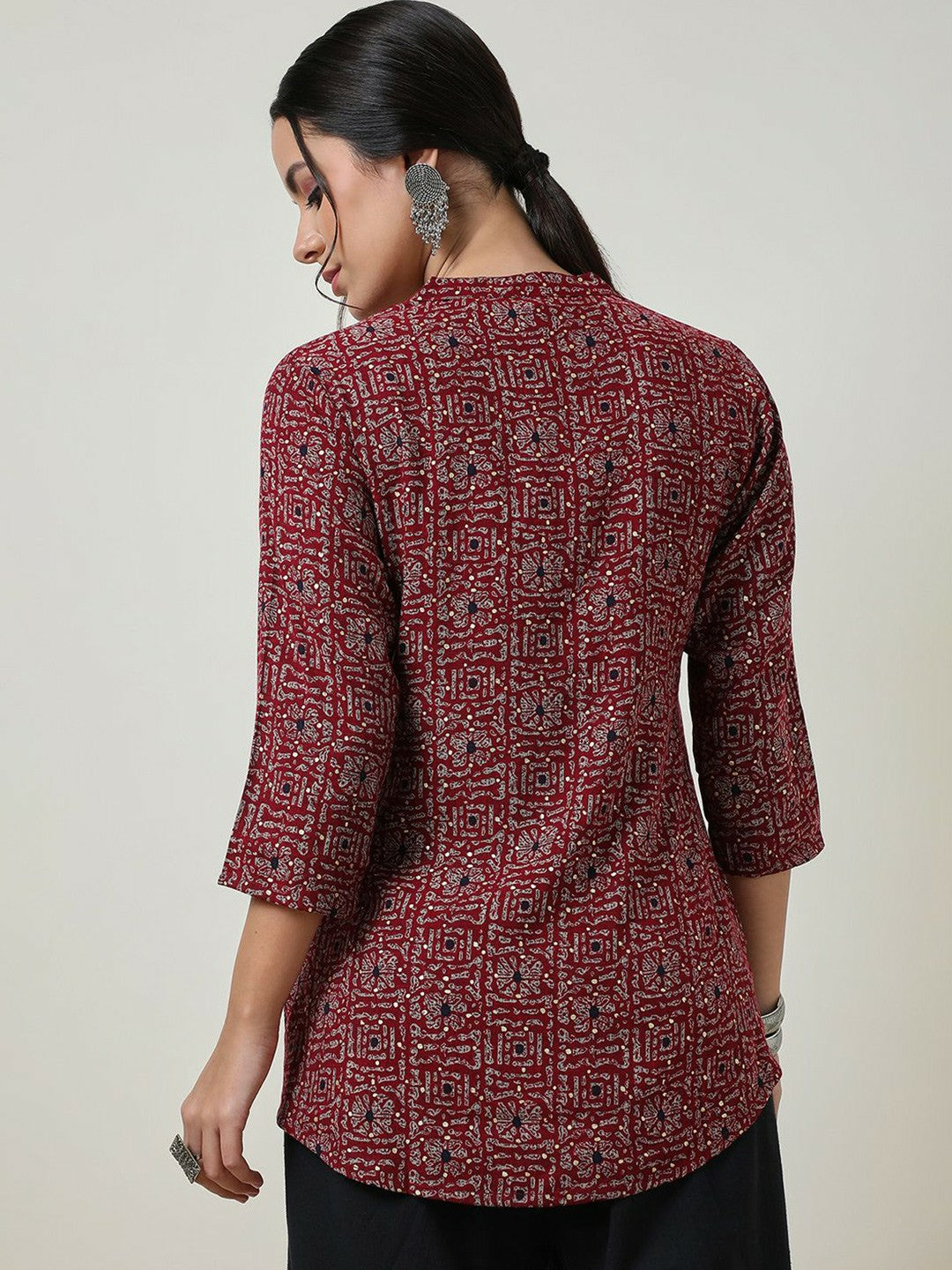 Maroon & White Printed Tunic for Women – Mandarin Collar, 3/4 Sleeves | Indiaista